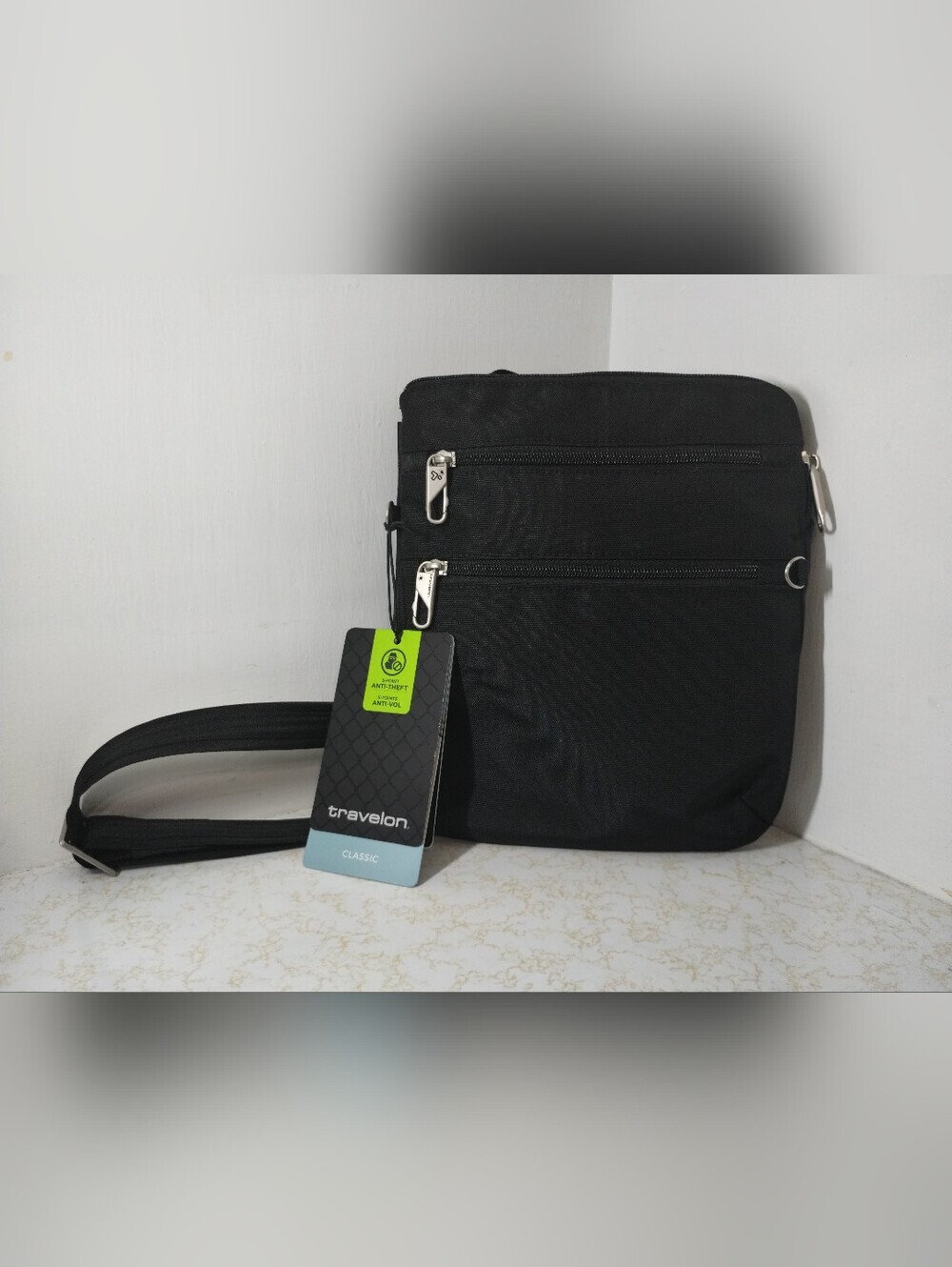 Travelon Black Men's Crossbody Messenger Bag with Front Zip Pockets